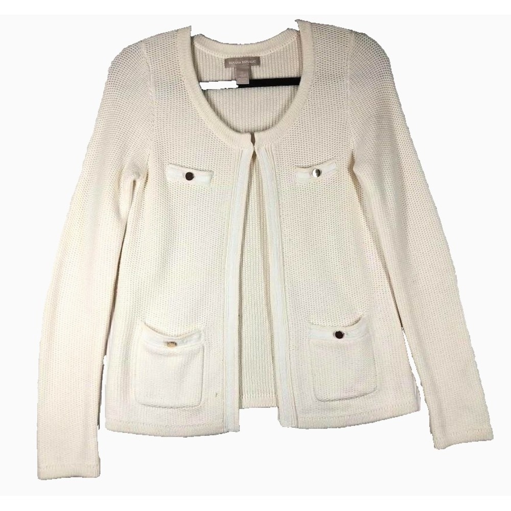Banana Republic Cardigan Sweater‎ Womens Small Ivory 100% Cotton Button Pocket